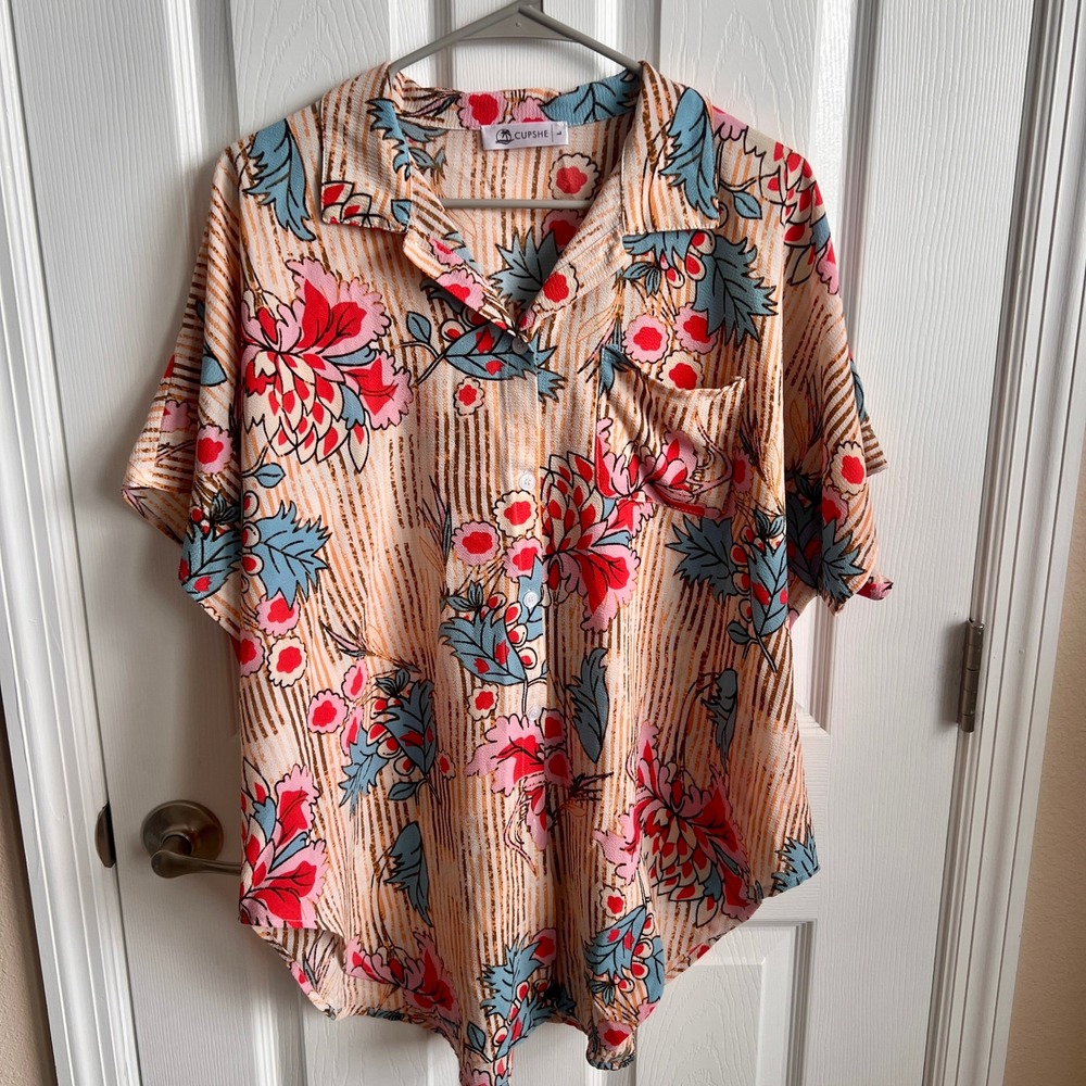 CUPSHE Floral Print Button Down Shirt‎ Short Sleeve Top Women's Size L